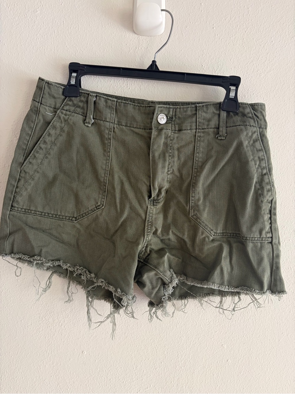 PAIGE Olive Green Frayed-Hem Denim Shorts